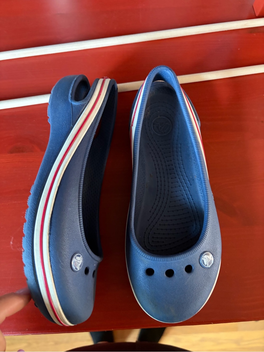 CROCS Navy Slip-On Ballet Flats with Red and White Stripes
